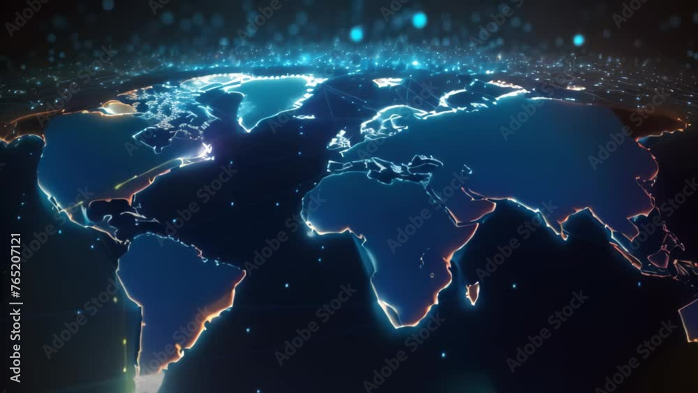Poster Global network connection concept with world map. 3d rendering, 3d illustration. Abstract world network connection on a glowing world map, Black background, AI Generated