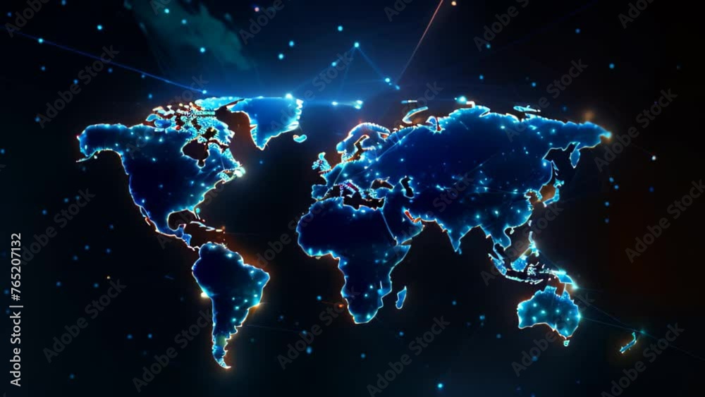 Poster abstract world map with glowing lines and dots on dark background. abstract world network connection