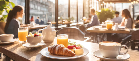 Im Vordergrund ein Croissant, im Hintergrund ein Cafe mit Gästen  - obrazy, fototapety, plakaty