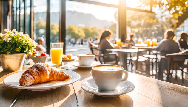 Im Vordergrund ein Croissant, im Hintergrund ein Cafe mit Gästen 
