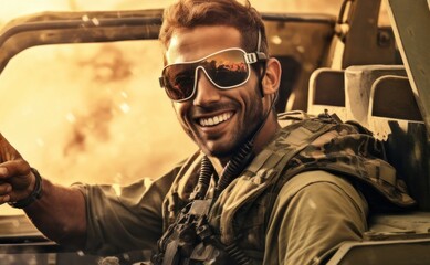 Obraz premium Caucasian Male Military Driver in Truck Generative AI