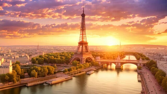 Aerial view of the Eiffel Tower at sunset, Paris, France, Aerial panoramic view of Paris with Eiffel Tower at sunset, France, AI Generated