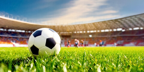 Im Vordergrund ein Fussball, im Hintergrund ein leeres Fussballstadion 
