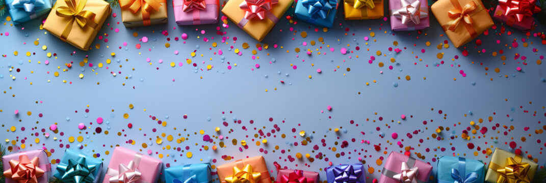Festive Gift Boxes with Colorful Ribbons and Confetti on Blue Background