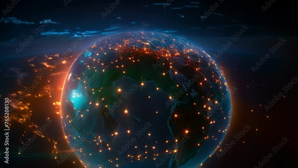 Poster global network on planet earth with glowing lines and dots. 3d rendering, an abstraction of a global