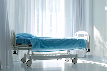 a hospital bed with a blue sheet - obrazy, fototapety, plakaty