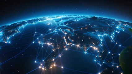 World map with glowing lines representing international connections. An abstraction of a global worldwide telecommunications network with nodes connected all over the Earth, AI Generated - Powered by Adobe