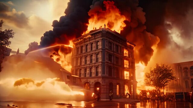 Burning buildings in the city during a strong fire. Conceptual image. American large building is on fire and firefighters are trying to stop the fire, AI Generated