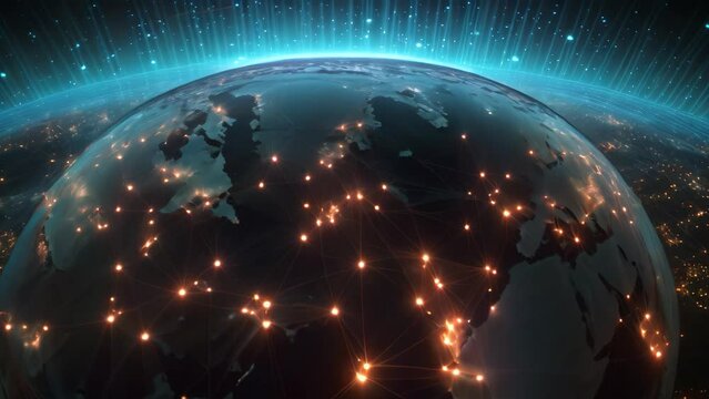 Global network connection over the world. Elements of this image furnished by NASA, abstraction of a global worldwide telecommunications network with nodes connected all over the Earth, AI Generated