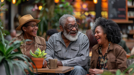 Two elderly women and an elderly man engage in a pleasant conversation while having coffee in a botanical cafe, enjoying the daily life of people in retirement.
