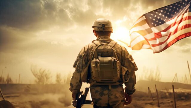 United States of America soldier in the desert with american flag. An American soldier standing in a battlefield with an American flag on his hand, full rear view, AI Generated