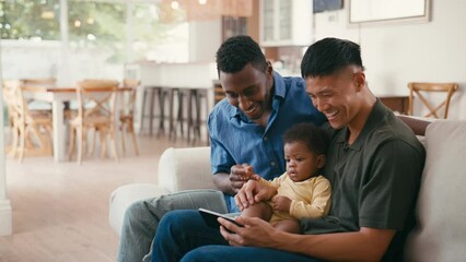 Same sex male couple or friends playing with baby daughter sitting on sofa at home together watching show on mobile phone - shot in slow motion