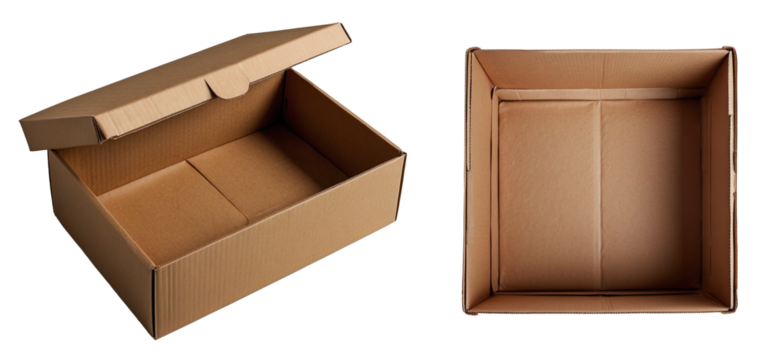 Two empty open cardboard boxes viewed from above, isolated on white transparent background PNG. top view.