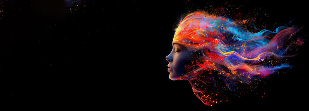 A woman's face is shown in a colorful explosion of paint.nConcept art of a human brain exploding with knowledge and creativity. human head with art ink splash about ideas, innovation, and technology.