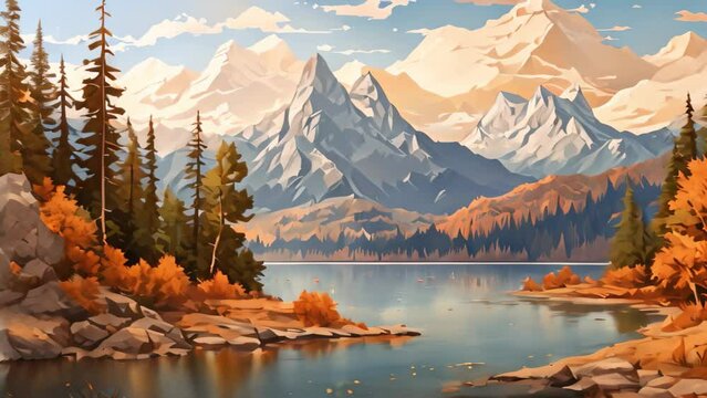 Autumn landscape with mountains, lake and forest illustration. Autumn landscape with the lake and mountains in the background. Digital painting, AI Generated