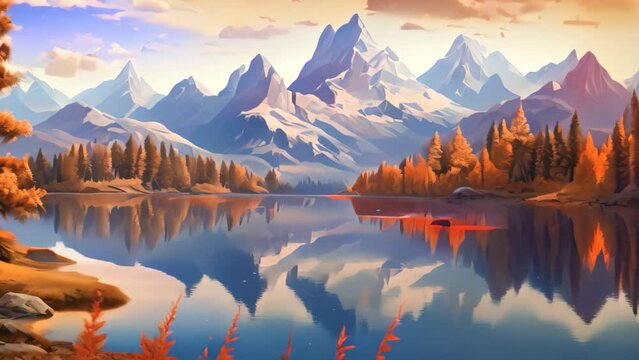 Mountain landscape with lake and forest at sunset. Digital painting. Autumn landscape with the lake and mountains in the background. Digital painting, AI Generated