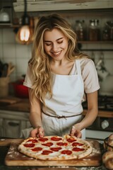 young woman in an apron preparing and eating pizza