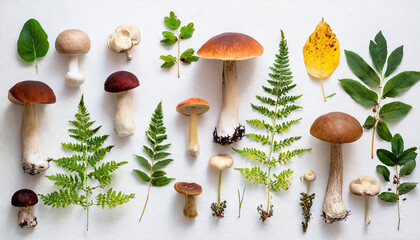 Mushrooms and leaves. Autumn botanical forest plants, tree foliage on white. Flat lay - obrazy, fototapety, plakaty