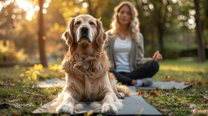A dog practicing yoga poses alongside its owner in a serene park setting, with Canine Fitness Month mats, illustrating the concept of mental and physical well-being for pets - obrazy, fototapety, plakaty