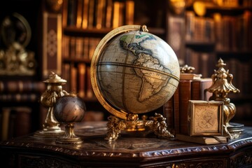 Fototapeta na wymiar Old geographical globe and map and old book in cabinet. Science, education, travel background. History and geography team. Ancience, antique globe on the background of old map - generative ai