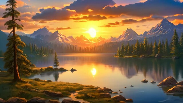 Fantasy landscape. Mountain lake and forest at sunset. Digital painting, Beautiful lake landscape view with green trees, mountains, and sunset, AI Generated