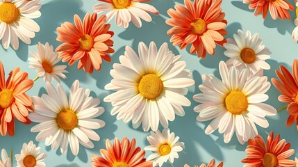Summer Floral pattern with chamomile flower over blue background.