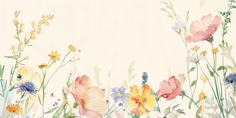 watercolor wildflowers, pastel colors, light cream colored background, empty space for text - obrazy, fototapety, plakaty