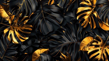 Gold and black tropical leaves texture