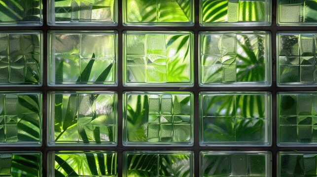 window made of glass blocks of various sizes and textures with green natural plants visible through the glass