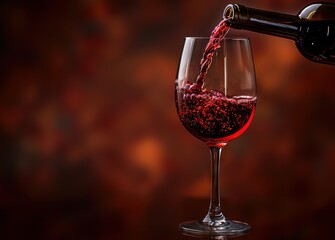 A bottle pouring red wine into a glass against a dark, orange background.
