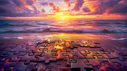 Almost Completed Jigsaw Puzzle Depicting Breathtaking Ocean Sunset with Isolated Missing Piece - obrazy, fototapety, plakaty