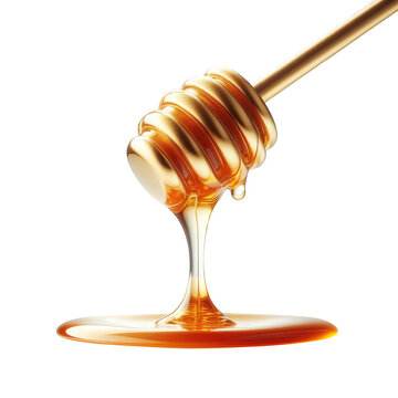 Honey dripping from honey dipper stickHoney flowing dripping from wooden dipper stick