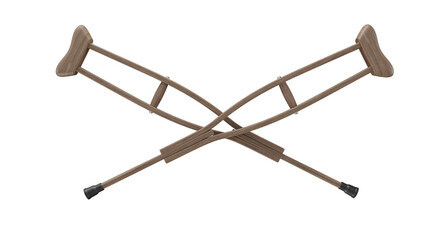 Two crossed dark wood crutches isolated on transparent and white background. Hospital concept. 3D render
