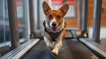 Keuken spatwand met foto A fit dog jogging on a treadmill, wearing a sporty harness, in a pet-friendly gym with Canine Fitness Month posters on the walls, showcasing indoor exercise options for dogs © Татьяна Креминская
