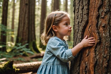 Side view of cute little girl hugging old tree trunk in redwoods during daytime
