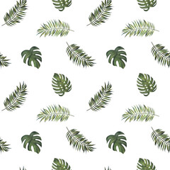 Tropical leaves. Monstera, strelitzia, palms. Watercolor seamless pattern.