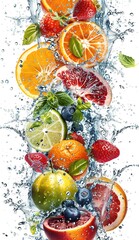 A variety of fruit, including oranges and apples, are falling into water and creating a splash.