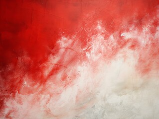 Red and white painting with abstract wave patterns