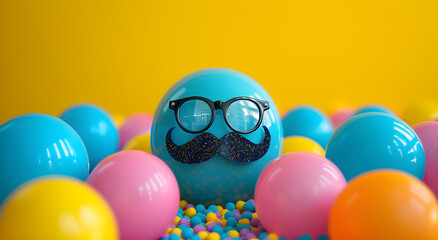 A festive April Fools' Day party décor with colorful ball, mustache, and glasses set on a yellow backdrop, adding a playful and cheerful atmosphere to the celebration.