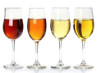 Four glasses of wine including red, white, rosé, and dessert wine.