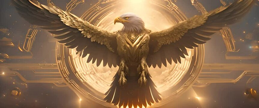 animation of a cyborg eagle with shiny gold body