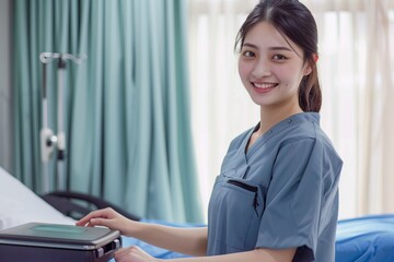 Healthcare Worker in Scrubs Using Tablet