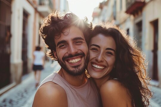 couple in love embraced posing in front of the camera