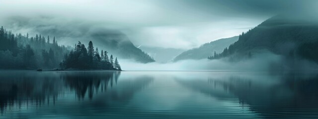Beautiful lake in misty morning. Mountains and clouds are reflected in the calm water surface. Norwegian landscape with mountains, dark forest and lake among low clouds. Nature, ecology, eco tourism - obrazy, fototapety, plakaty