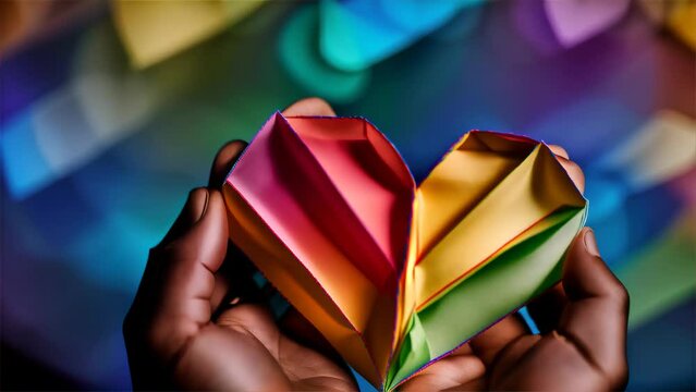 Hands holding a multicolored origami heart against a bokeh light background, symbolizing love and creativity.