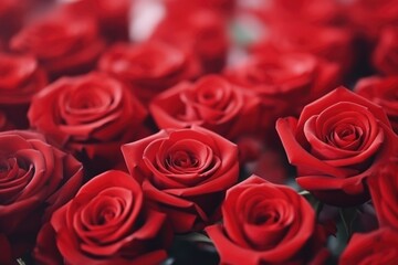 Obraz premium A close-up view of lush red roses, symbolizing deep love and passion, perfect for romantic gestures. Vibrant Red Roses Close-up for Romantic Occasions