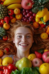 Fototapeta na wymiar Young woman dressed in a dress lies among vegetables and fruits. Vegetarian food concept. Generative AI.