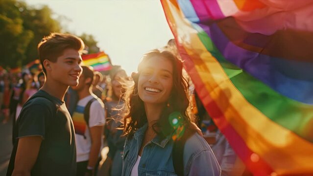 Medium shot of woman celebrating at a gay pride event while surrounded by rainbow flags
