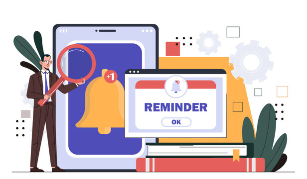 Man with reminder concept. Time management and efficient workflow. Businessman with alarm and notification. Planning and scheduling. Cartoon flat vector illustration isolated on white background
