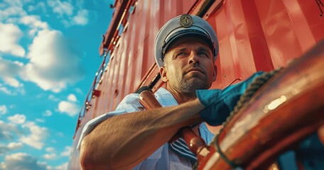 A cargo ship captain in uniform, holding a ship's wheel, standing on the deck of a cargo ship, solid color background - obrazy, fototapety, plakaty